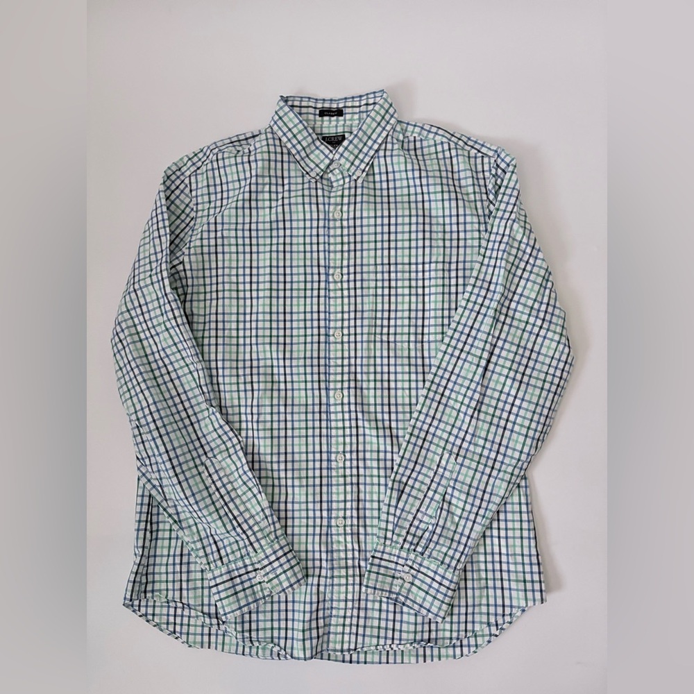 J Crew Factory Blue/Green/White Plaid Long-Sleeve Button Down Size Large